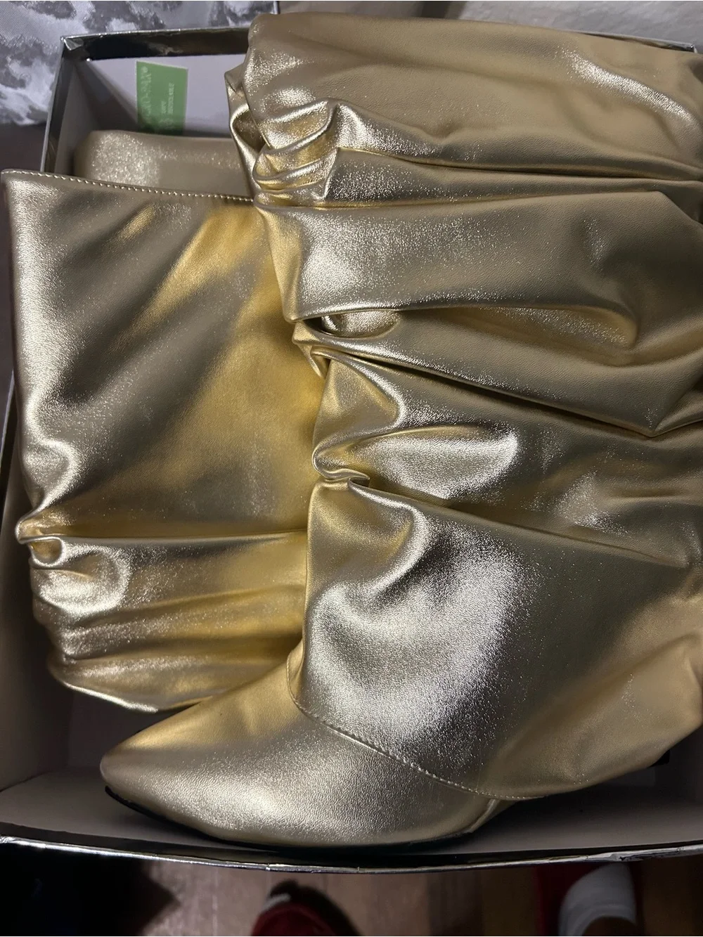Azalea Wang Gold Metallic Ruched Wedge Knee Boot